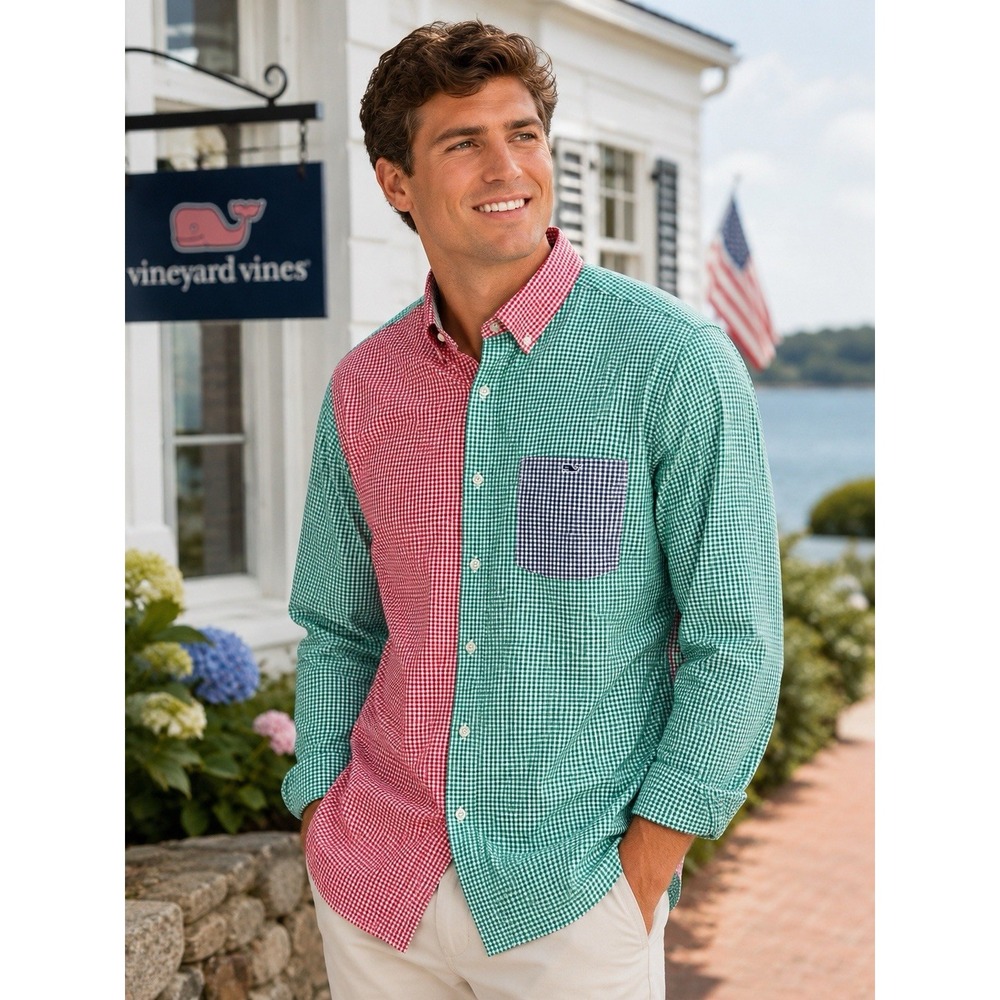 Vineyard Vines Men's Sz 2XL Patchwork Gingham Button Down Shirt Red Green Blue
